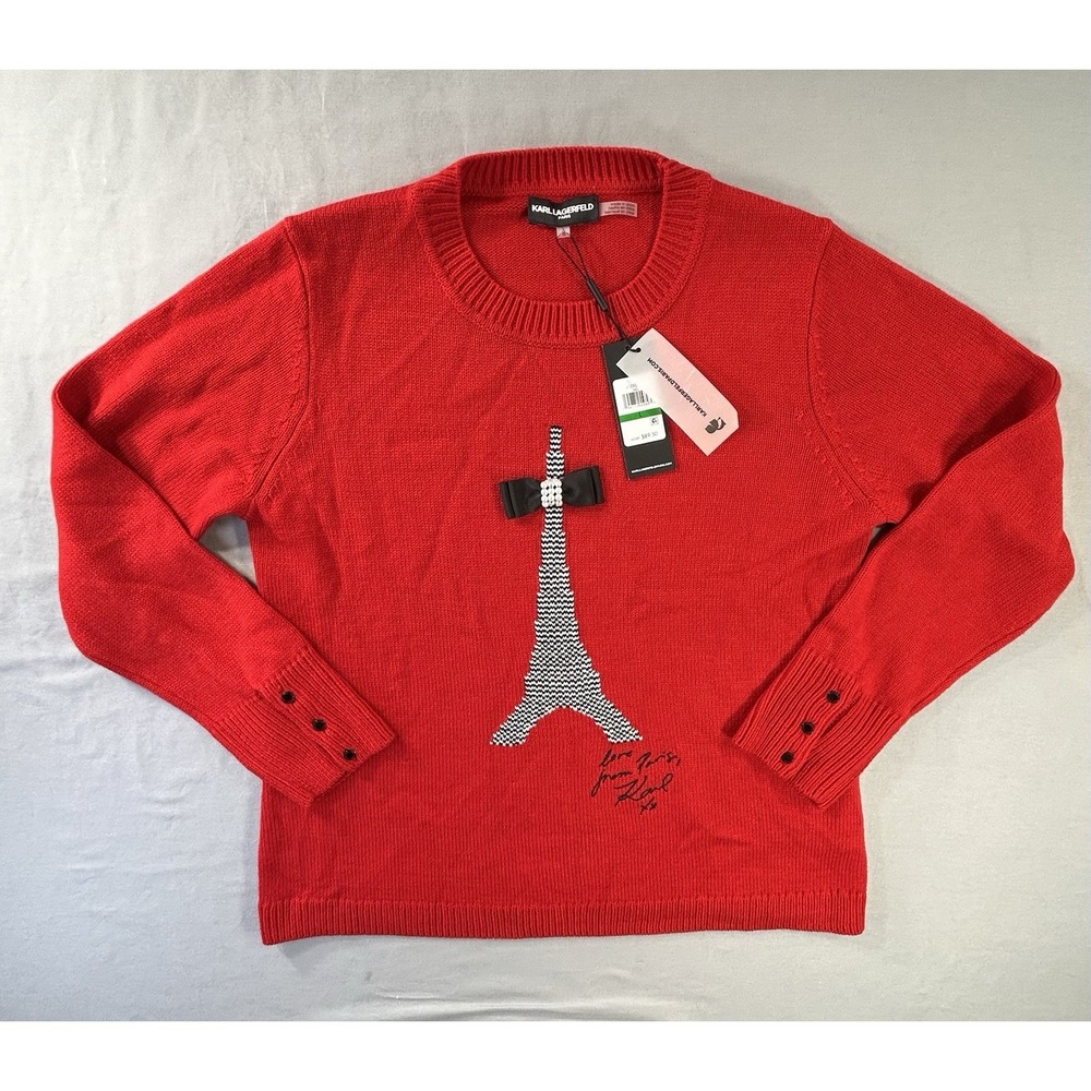 Karl Lagerfeld‎ Women's Large Paris Eiffel Tower Red Sweater France Love